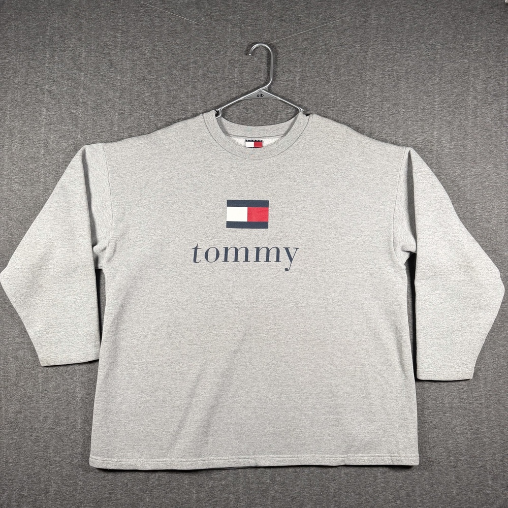 Vintage Tommy Hilfiger Sweatshirt Mens XL Gray Flag Logo Spell Out Crewneck